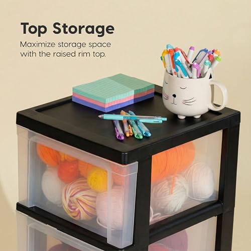 IRIS USA Plastic 3-Drawer Storage Organizer Rolling Cart, with Wheels Casters, 2-Pack, for Classroom Art Supplies Bathroom Dorm Bedroom Laundry Room, Slim Narrow, Black/Clear - color: Black