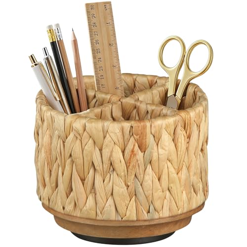 BIBELUN TV Remote Control Holder - Woven Water Hyacinth 360 Degree Rotating Desk Organizer | Boho Rattan Spinning Caddy | Pen/Art Supplies/Stationery Storage for Office, Living Room, Bedside Table