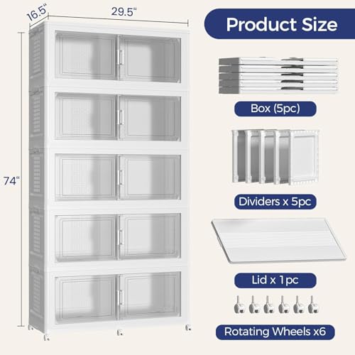 200GAL Storage Bins with Lid and Wheels, Stackable Closet Organizers and Storage Drawer, Collapsible Storage Box with Dividers, Foldable Plastic Cabinets for Room, Kitchen, 5 Pack White - color: White, size: 40Gal-5Pack