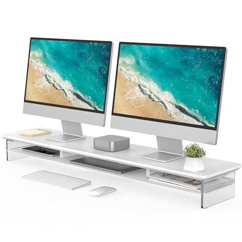 Fenge Acrylic Monitor Stand Riser, 42.5 Inches Dual Monitor Stand with Metal Storage, 2 Tier Acrylic Computer Riser for Desk, Clear Laptop Stand for PC, Laptop, Printer, TV, White - color: White, size: 42.5in