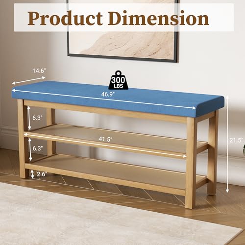 2 Tier Shoe Rack Bench with Cushion, Rubberwood Shoe Benches, Mid-Century Modern Shoe Storage Bench for Entryway, Hallway, Living Room, Closet, Front Door Entrance, Blue - color: Blue