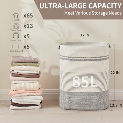 AINUOQI Laundry Basket with Handles - Blanket Basket & Hampers for Bedroom Aesthetic, Laundry Hamper & Blanket Storage for Living Room, Clothes Hamper, Tall, Large 17" x 14" x 22”, Grey & White - color: Grey & White, size: 85L