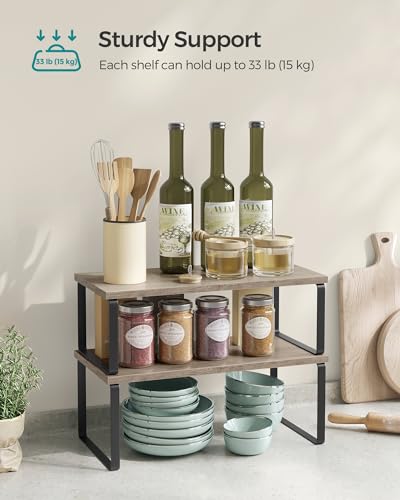 SONGMICS Cabinet Organizer Shelf, Set of 4 Kitchen Counter Shelves, Kitchen Storage, Spice Rack, Stackable, Expandable, Metal and Engineered Wood, Ink Black and Heather Greige UKCS022X02 - color: Ink Black + Heather Greige, size: 15.6"W