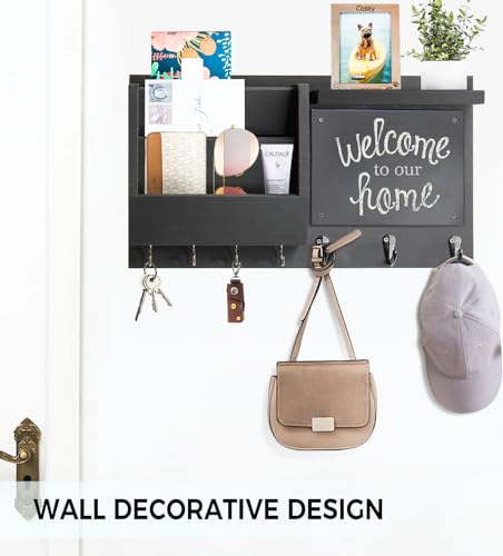 Ziivita Key Holder for Wall - Mail Holder Organizer Wall Mount with Shelf - Hanging Key Rack Hanger with Hooks Decorative for Home Coat Letter Dog Leash Entryway Living Room Decor - color: Black