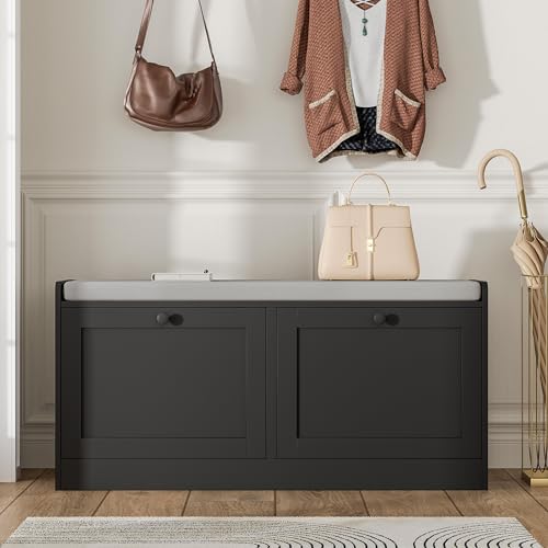 MHOM Black Modern Entryway Bench with 2 Flip Drawers, Shoe Bench with Padded Seat Cushion, Wooden Storage Bench for Hallway and Entryway - color: Black