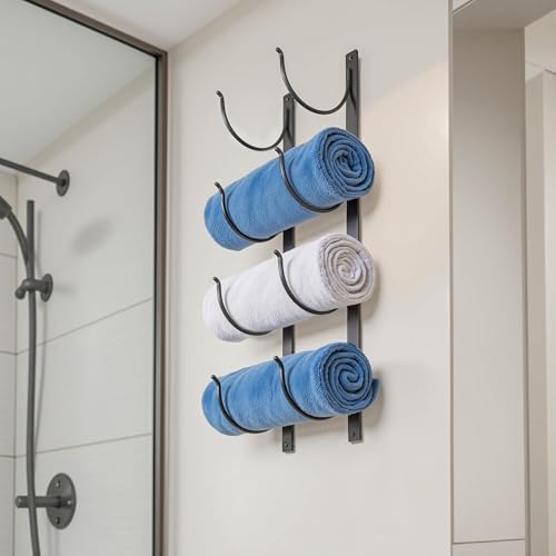 Bathroom Rolled Towel Rack: 4-Tier Wall Mounted Towel Storage Holder, Hanging Organizer for Towels, Blankets, Large Bath Sheets, Space Saving in RV, Closet, Toilet, Cabinet, Black Metal