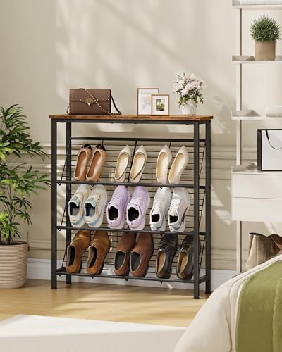 CHOEZON Shoe Rack, 4-Tier Narrow Shoe Storage Shelf, Slim Shoe Rack with Wooden Top and Metal Shelves, Slanted Shoe Organizer, Industrial Style, for Entryway, Hallway, Rustic Brown and Black TXJ76BF