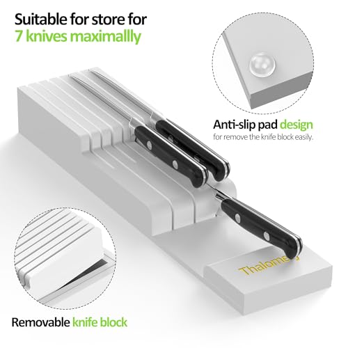 Bamboo Kitchen Drawer Organizer, Expandable Silverware Organizer with Removable Knife Block, 6-8 Slots- Utensil Holder & Cutlery Tray Drawer Dividers, 2.36" Deep for Extra Capacity, White - color: White