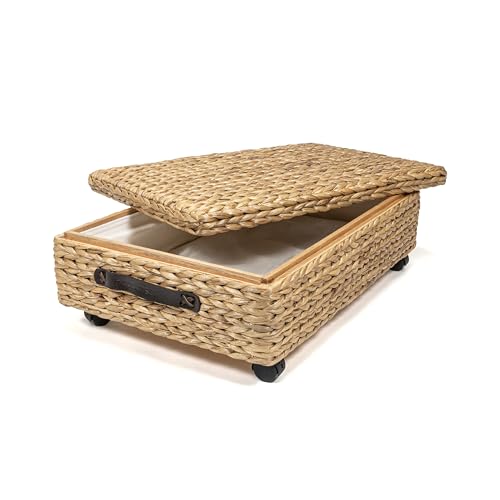happimess BSK1006A 26.38" Chett Minimalist Hand-Woven Hyacinth/Wood Underbed Storage Bin with Wheels and Handles for Storage and Decoration in Bathroom, Bedroom, Closet, Entryway, Guest Room, Natural - color: Natural