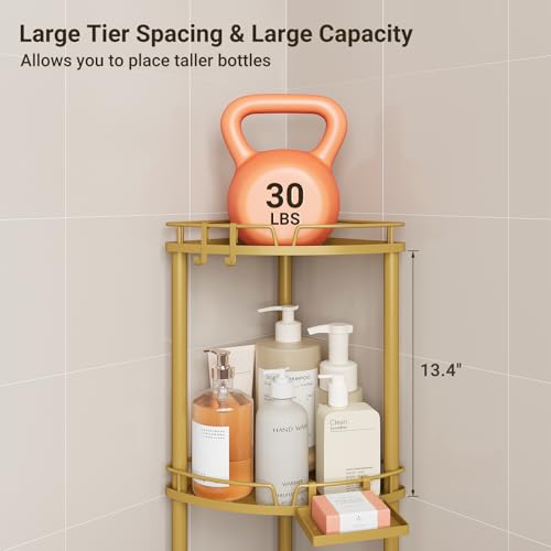 ELYKEN Corner Shower Caddy Standing, 3 Tier Rustproof Metal Shower Organizer with Soap Holder, Floor Shower Corner Shelf Rack Storage Stands with Adjustable Feet & 2 Hooks for Bathroom, Gold - color: Gold, size: 3 Tier