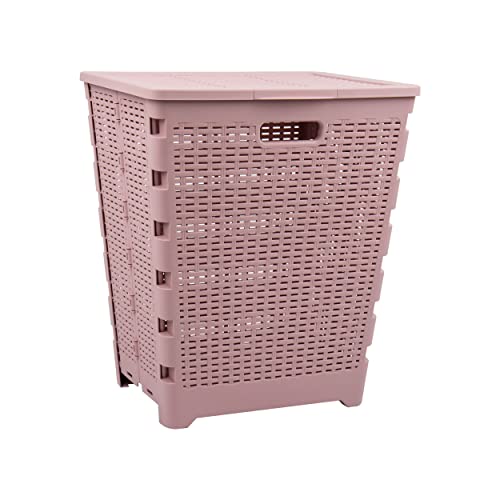 Mind Reader 61L Foldable Laundry Hamper, Clothes Basket, Lid, Wicker Design, Plastic, 18"L x 14.5"W x 21.25"H, Pink - color: Pink