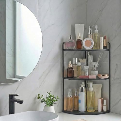 3 Tier Corner Bathroom Counter Organizer, Countertop Organizer, Makeup Organizer Countertop, Bathroom Storage Sink Shelf, Wooden and Metal Counter Shelf (Large Capacity-Black) - color: Black