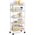 TOOLF 5-Tier Rolling Cart, Metal Utility Cart with 3 Hooks, Easy Assemble Mobile Storage Trolley On Wheels, Metal Shelving Units Kitchen Bathroom Laundry Room - color: White, size: 5-Tier