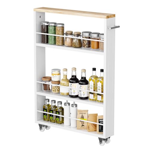 KLM 4 Tier White Slim Storage Cart with Handle, Slide Out Storage Rolling Utility Cart for Kitchen, Laundry, Narrow Places
