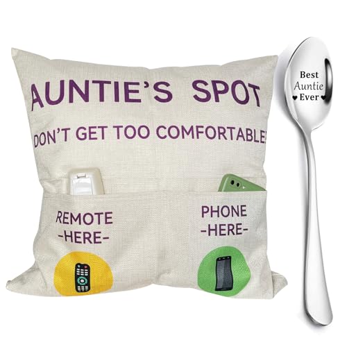 ZUYUROU Auntie Gifts,2-Pocket Auntie’s Spot Throw Pillow Covers 18x18 Inch + Engraved Spoon, Mothers Day Birthday Christmas Thanksgiving Day Gifts for Auntie Aunt - color: Auntie