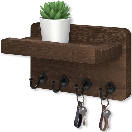 Nekon Key Holder Wall Mount, 8.5 Inch Small Home Decor Wooden Wall Organizer with 4 Hooks and Shelf, Key and Mail Holder for Living Room Entryway Kitchen (Brown) - color: Brown