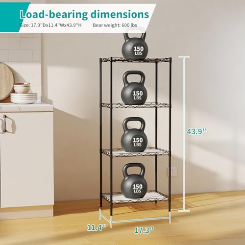 BestOffice | 4-Tier Wire Storage Shelves | 12"D x 18"W x 44"H | Black | with Adjustable Racks PP Liners | Compact Metal Shelf, Holds Upto 600 lbs | Ideal for Kitchens Closets Bathrooms Small Corners - color: Black, size: 12"D x 18"W x 44"H