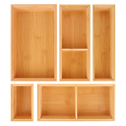 Bamboo Drawer Organizer,5 PCS Silverware Organizer & Kitchen Organizers and Storage,Utensil Drawer Organizer With Removable Dividers for Kitchen,Utensils,Bathroom,Office,Makeup(Natural) - color: Natural, size: 5PCS