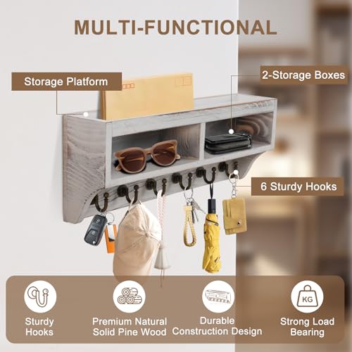 Key Holder Wall Mount - Mail Organizer Wall Mount with 6 Key Hooks and Storage Box for Sunglasses Storage and Dog Leash Holder Home Decor Rack Apartment Farmhouse Shelf Entryway Organizer (White) - color: White