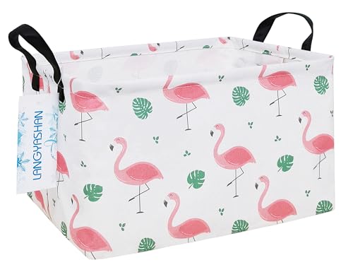 LANGYASHAN Rectangular Storage Bin Collapse Canvas Fabric Cartoon Storage Basket with Handles for Organizing Home Kitchen Boys and Girls Toys Office Closet Shelf Baskets(Rec Leaf Flamingo) - color: Rec Leaf Flamingo