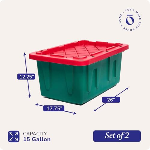 HOMZ 2-Pack Durabilt, Heavy Duty Plastic Storage Bins with Lids, 15 Gallon, Green/Red - Stackable Container Boxes for Holiday, Attic, and Garage Organization - color: Green Base/Red Lid, size: 15 Gallon (Pack of 2)