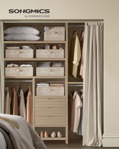 SONGMICS Set of 6 Storage Baskets, Foldable Storage Bins, Fabric Boxes, 15.7 x 11.8 x 7.9 Inches, Closet Storage Organizers, 3 Handles, for Bedroom, Living Room, Summer Sand URFB0140K01 - color: Summer Sand