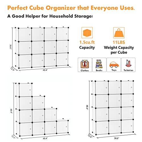 C&AHOME Cube Storage Organizer with Doors, 12-Cube Shelves, Closet Cabinet, DIY Plastic Modular Bookshelf Ideal for Bedroom, Living Room, 36.6”L x 12.4”W x 48.4”H Transparent White USHS3012W-DOOR - color: Transparent White