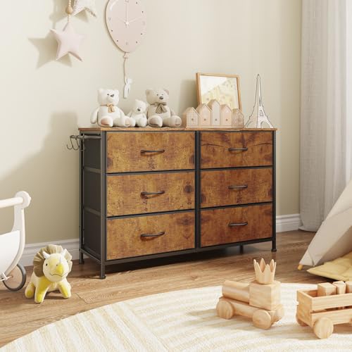 Dresser for Bedroom with 6 Drawers, Small Fabric Dresser for Kids Bedroom, Chest of Drawers, Storage Organizer Dresser for Closet, Nursery, Dorm, Apartment, TV Stand, Wood Top Side Hooks, Rustic Brown - color: Rustic Brown, size: 11.8"D x 39.4"W x 25.6"H