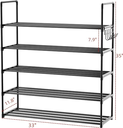 Metal Shoe Organizer,5 Tiers Shoe Storage Shoe Rack with Hooks,Fit 20-25 Pairs,Adjustable Shoe Shelf for Entryway,Hallway,Bedroom,Metal Bottom Support - size: 5 Tier