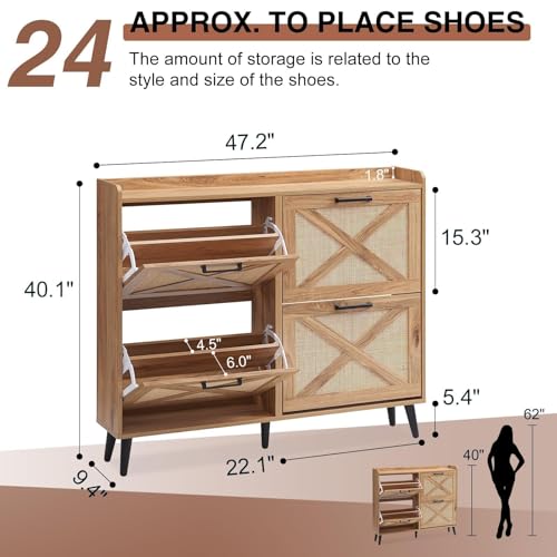 Barnyatoh Shoe Storage Cabinet, Boho Shoe Organizer with 4 Flip Drawers & Rattan Design,Farmhouse Freestanding Hidden Slim Narrow Shoe Rack Cabinet for Entryway, Foyer,Hallway,Natural - color: Natural, size: 4-Drawers