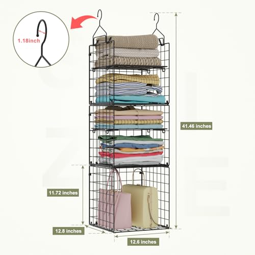 X-cosrack Hanging Closet Organizer and Storage - 5-Tier Closet Storage Organizer Baskets for Clothes & Adjustable Collapsible Metal Closet Hanging Organizer Shelves for Sweaters Shoes Handbags - color: Black, size: Small