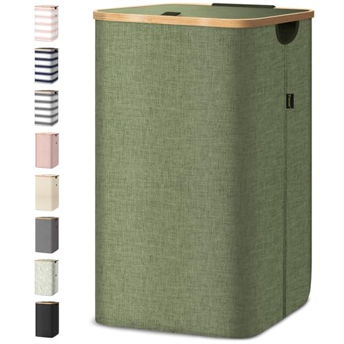BALEINE Laundry Hamper with Lid, Tall Laundry Baskets with Bamboo Pull Handles, Large Laundry Bin with Internal Support (26 Gal/100L, Green) - color: Green, size: 100 liters
