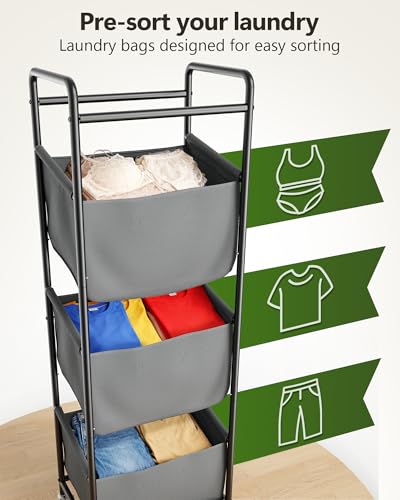3 Section Laundry Sorter with Removable Bags, 120L Rolling Vertical Laundry Hamper, Stackable Laundry Baskets organizer for Bathroom, Apartment, Dorm (Gray, With Wheel) - color: Gray, size: With Wheel