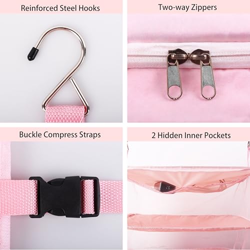 Hanging Travel Closet Organizer Suitcase Shelves Portable Carry on Closets for Hanging Packing Cubes Storage,XL,Pink