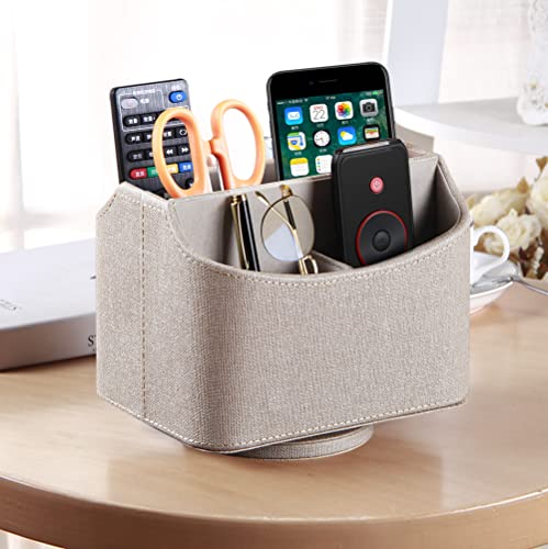 PUSU Leather 360°Rotatable Remote Control Holder,Nightstand TV Remote Caddy,Office Supplies Desktop Organizer,Spinning Storage Box for Pen,Mail,Phone,DVD, Blu-Ray, Media Player, Heater Controllers - color: A Elegant Beige