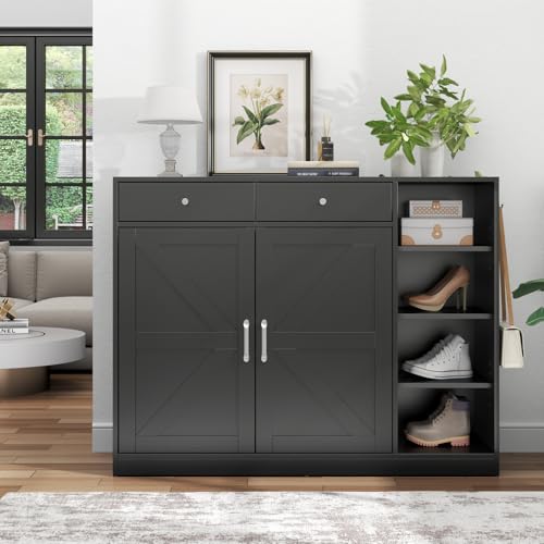 Loomie 5-Tier Shoe Cabinet with 4 Side Cubbies, Farmhouse Shoe Rack Cabinet with 6 Adjustable Shelves & 2 Drawers, Freestanding Shoe Storage Cabinet with 4 Brackets & 2 Hooks for Entryway (Black) - color: Black