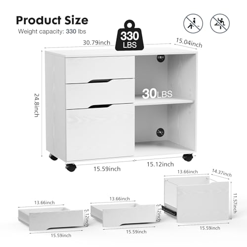DUMOS Lateral File Cabinet with 3 Drawers Rolling Filing Cabinets Under Desk Storage Printer Stand Wood Organizer with Wheels Adjustable Shelf for Office Home Small Space, White - color: Classic White
