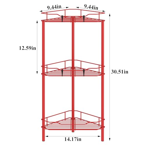 HuggieGems 3 Tier Floor Standing Corner Shower Caddy Organizer Shelf with Hooks, Bathroom Shelves Stand Rack, Red - color: Red, size: 3 Tier
