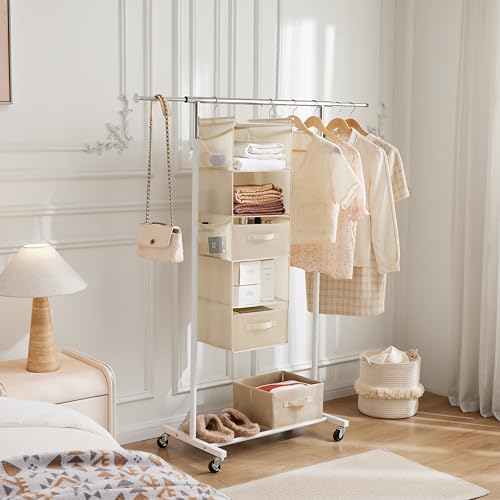 MAX Houser 5 Tier Shelf Hanging Closet Organizer, Cloth Hanging Shelf with 2 Sturdy Hooks for Storage, Foldable (Beige-D2) - color: Beige