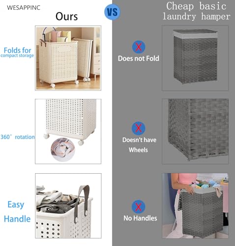 WESAPPINC Collapsible Large Laundry Hamper, Plastic Laundry Basket with Wheels,Suitable for Bathroom, Bedroom, Dorm Room & Laundry Room,Basket with Handle (Cream color) - color: 55L Cream