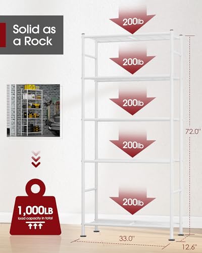 Sakugi Storage Shelves - 5 Tier Shelf Organizer, Heavy Duty Garage Shelving Unit with Leveling Feet, Stable Metal Shelves Organizer for Pantry, Kitchen and Closet, 33.0" W x 12.6" D x 72.0" H, White - color: White, size: 33.0w×12.6d×72.0h (5t)