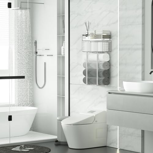 Towel Racks for Bathroom, Bathroom Shelf Over Toilet,Floating Shelves with Towel Rack Paper Holder Storage Basket,Floating Shelves for Wall Decor,Silver - color: Silver, size: Large