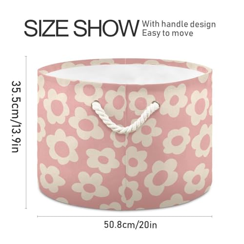 Vintage Pink Flower Print Round Storage Basket Cute Floral Large Laundry Hamper 20 x 20 x 14 Inches Organizer Bin with Cotton Rope Handles Clothes Storage Bag for Nursery Bedroom Living Room Decor - color: Pink
