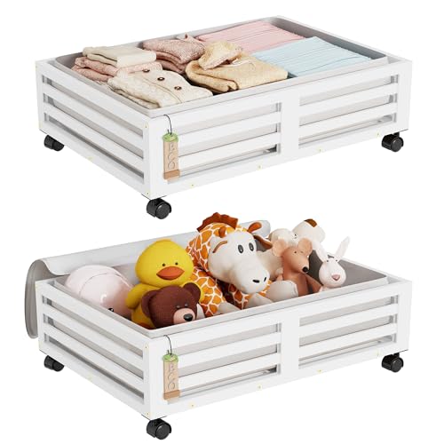 Wisuce Bamboo Under Bed Storage Containers- Underbed Organizer with Wheels with Dust Bag,Sturdy Wood Rolling Under the Bed Shoe Storage Organizer Drawers (White, 2 Pack (23.62"×16.54")) - color: White, size: 2 Pack (23.62"×16.54")