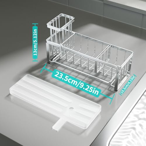 HapiRm Sponge Holder for Kitchen Sink - Self-draining Sink Caddy with Brush Holder and Dishcloth Holder, Stainless Steel Kitchen Organizer - Silver - color: Silver, size: with Dishcloth Holder