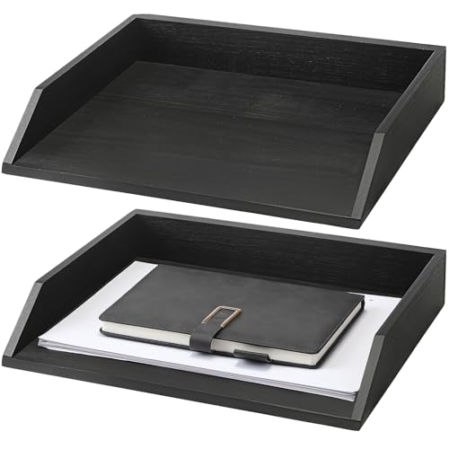 Beeveer 2 Pcs Wooden Letter Tray Wood Letter-Size Desk Organizer Heavy Duty 2 Tier Stackable Support Paper Tray Desktop Drawer File Folder Magazine Office Accessories Back to School(Black) - color: Black