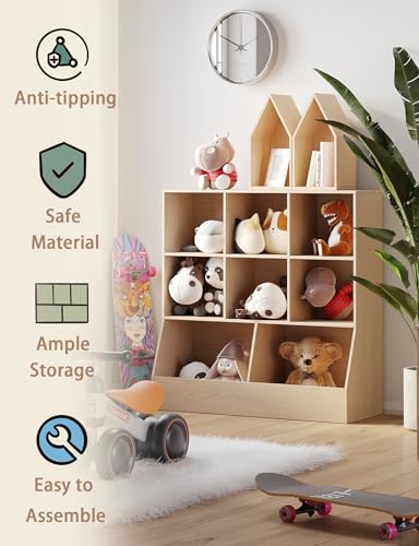 DINZI LVJ Toy Storage Organizer, Kids Bookshelf, Wood Toy Storage Cabinet, 3-Tier 8 Cubby Children Bookcase, 39.4" L Toddler Book Shelf for Playroom, Living Room, Nursery, Hallway, School, Natural - color: Natural, size: 3-Tier 39.4"