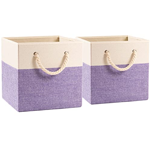 PRANDOM Large Foldable Cube Storage Bins 11x11 inch [2-Pack] Fabric Linen Storage Baskets Cubes Drawer with Cotton Handles Organizer for Shelves Nursery Closet Bedroom Purple - color: Purple, size: 11x11 inch(2-Pack)