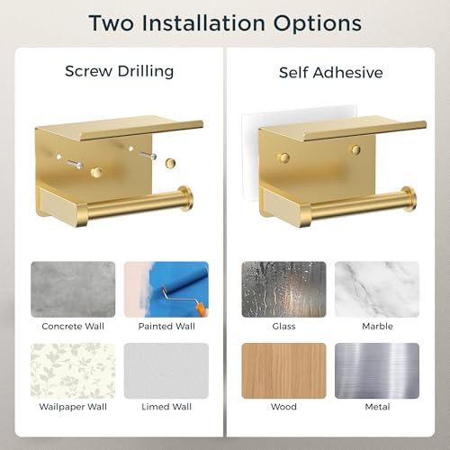 FORIOUS Toilet Paper Holder with Shelf, Adhesive or Screw Wall Mount Toilet Paper Roll Holder for Bathroom, 304 Stainless Steel Commercial Toilet Tissue Roll Dispenser with Phone Shelf (Brushed Gold) - color: Brushed Gold