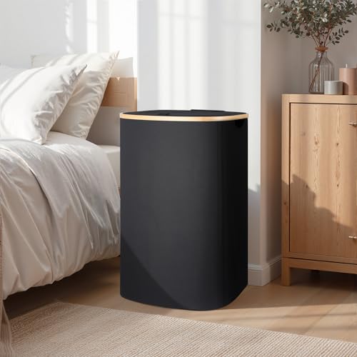 Laundry Hamper with Lid, 100L Clothes Hampers for Laundry with Bamboo Handles and A Removable Bag, Fordable laundry Basket with Lid for Bathroom, Bedroom, Dorm, Laundry Room - color: Black, size: 100L